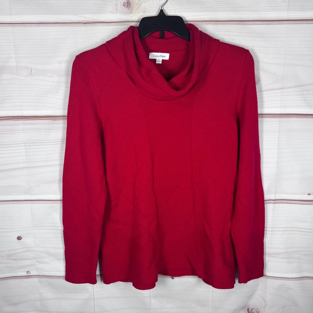 Calvin Klein Sweater Women XL Red Cowl Neck Cotton Blend Pullover Solid Holiday